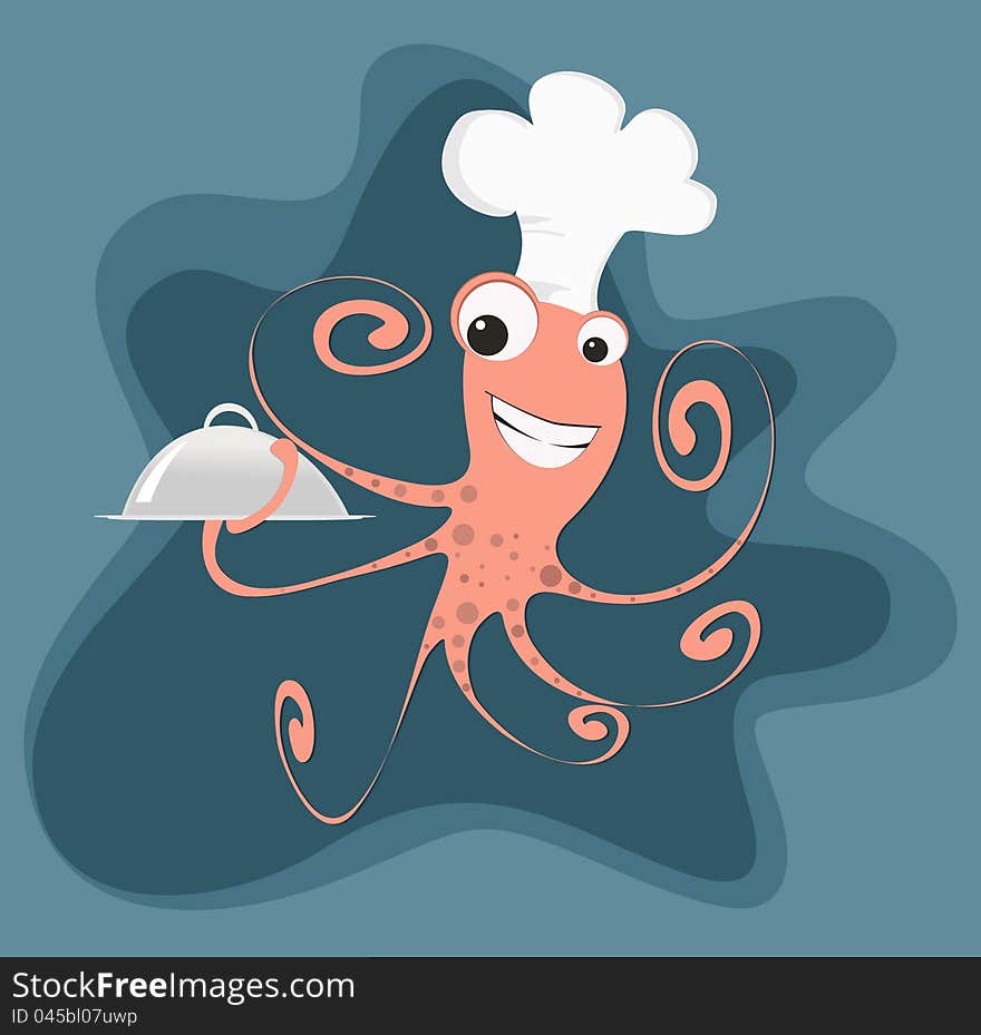 Cartoon octopus in the form of a cook feeding food. Cartoon octopus in the form of a cook feeding food