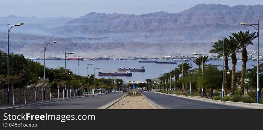 View on moored freight ships in Aqaba gulf