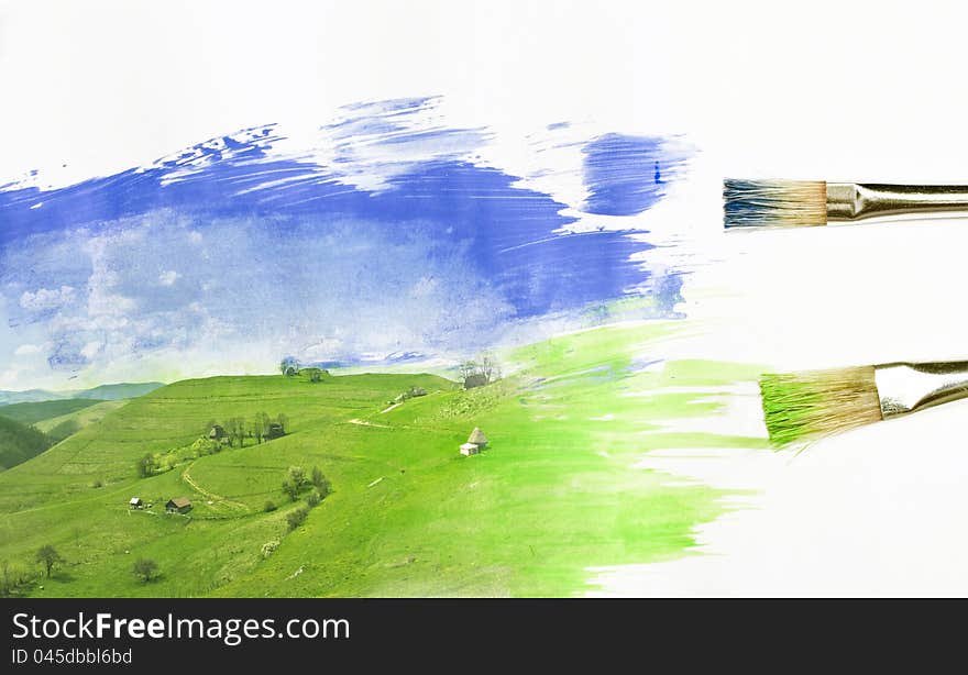 Painted summer landscape with blue sky. Painted summer landscape with blue sky