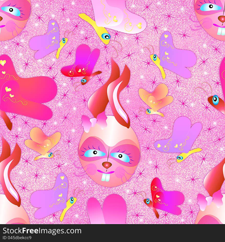 Pink Bunnies and butterflies on a glittery background seamless pattern. Pink Bunnies and butterflies on a glittery background seamless pattern