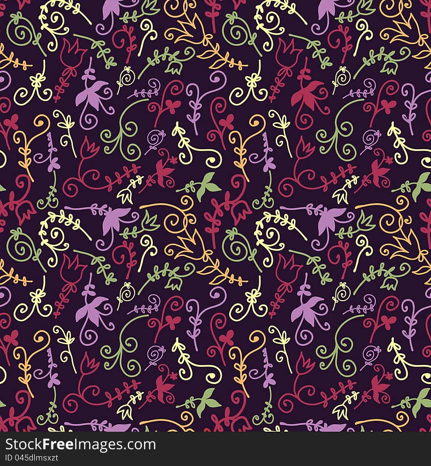 Multicoloured floral vector seamless pattern with stylized hand drawn twigs and flowers. Multicoloured floral vector seamless pattern with stylized hand drawn twigs and flowers