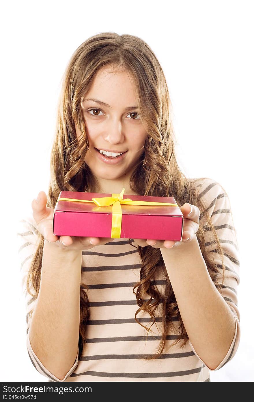 Girl with a gift in the hands of