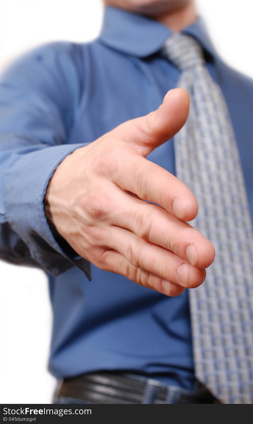 Closeup view on outstretched for handshake man hand. Closeup view on outstretched for handshake man hand