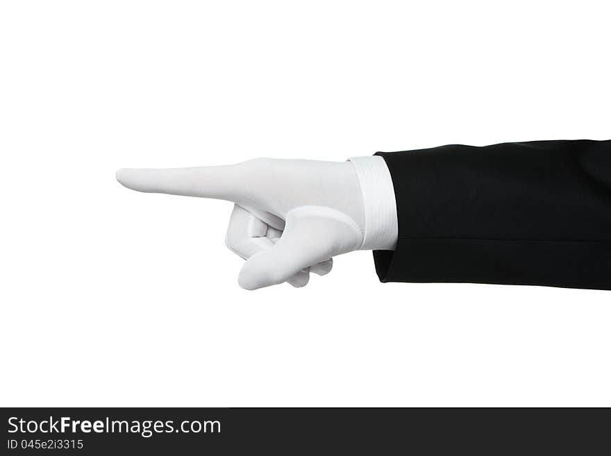 Elegant human hand pointing Your text or product, isolated on white background