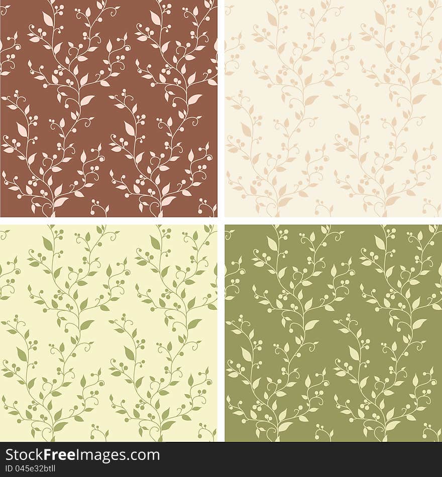 Four floral vector seamless patterns with leaves and berries. Four floral vector seamless patterns with leaves and berries