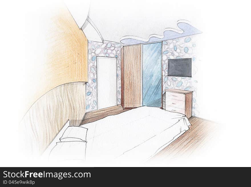 Ink pen and watercolor free hand sketch of an interior of a master bedroom. Ink pen and watercolor free hand sketch of an interior of a master bedroom