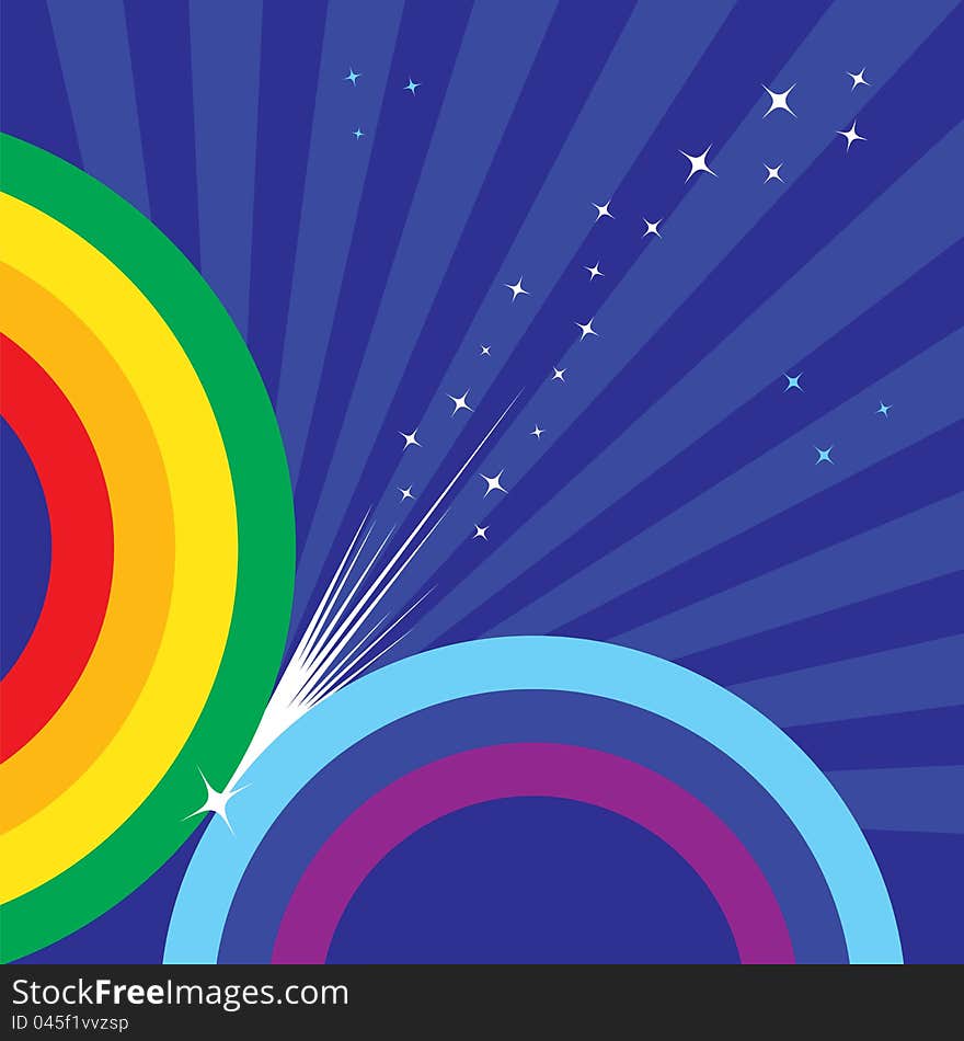 Sparkling rainbow makes stars over shiny blue sky. Vector illustration.