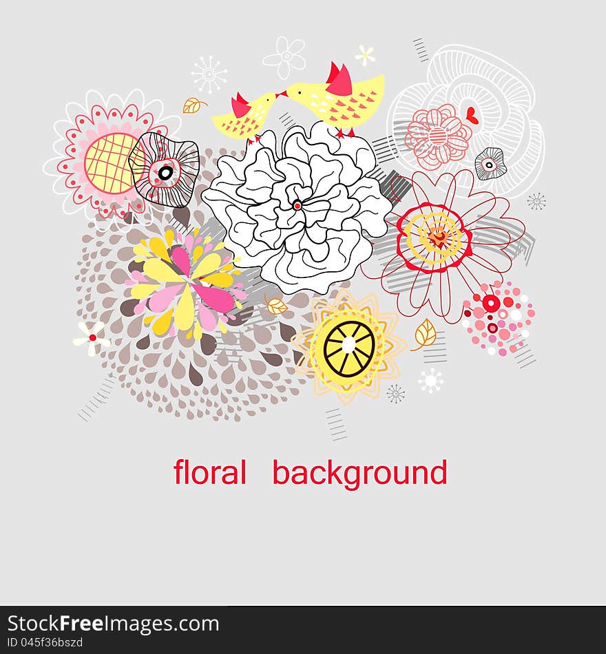 Bright floral background with birds and plants on the gray