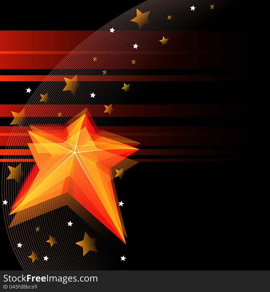 Big red glossy star over black striped background. Big red glossy star over black striped background