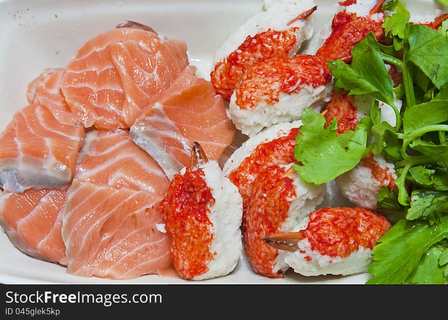 Raw salmon fish and claw crab delicious food Japanese style