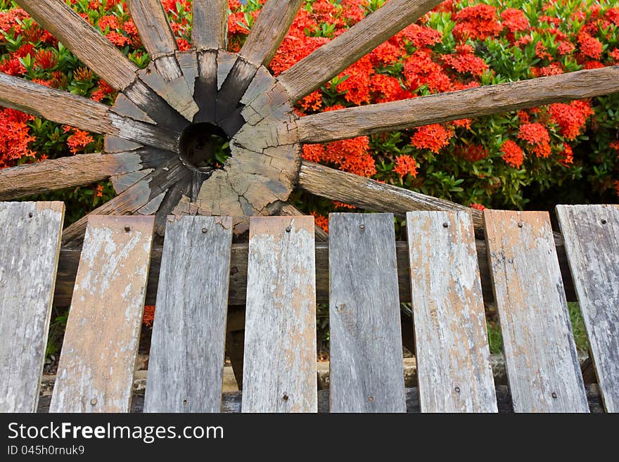 Old Wagon wheels and ix ora put the garden to relax. Old Wagon wheels and ix ora put the garden to relax.