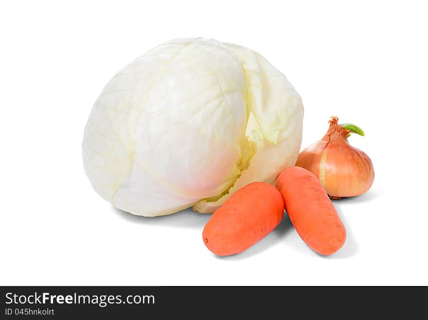 Cabbage, carrots and onion  on white background. Cabbage, carrots and onion  on white background