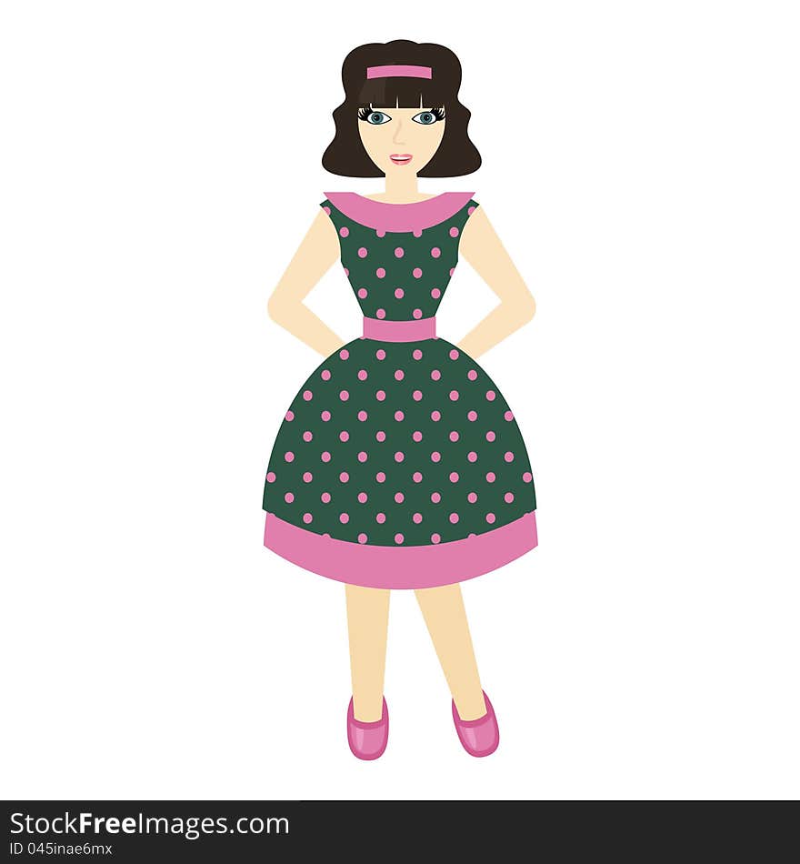 Beautiful girl in retro style dress on white background