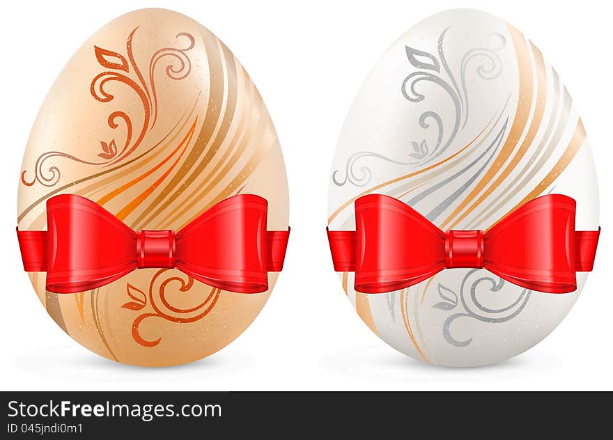 Decorated eggs with ribbon on white