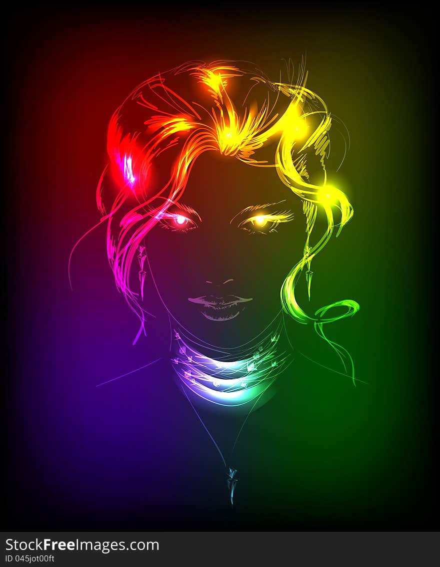 Hand-drawn fashion model from a neon. A light girl's face. Hand-drawn fashion model from a neon. A light girl's face.