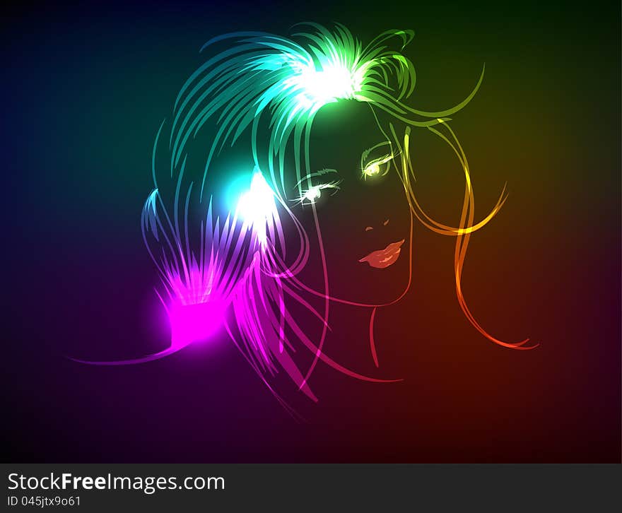 Hand-drawn fashion model from a neon. A light girl's face. Hand-drawn fashion model from a neon. A light girl's face.