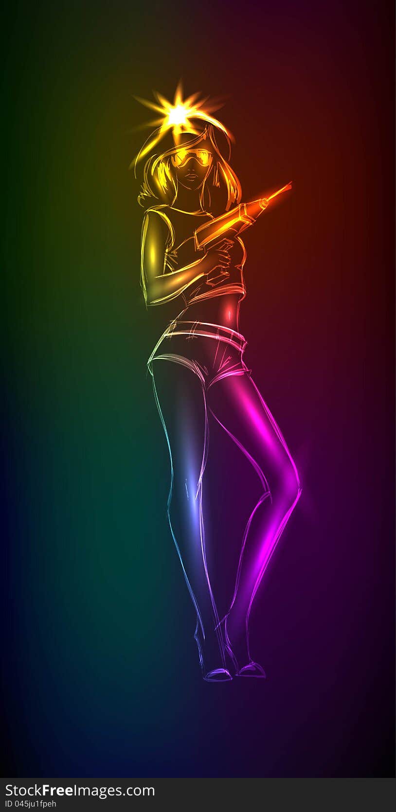 Hand-drawn fashion model from a neon. A light girl's. Hand-drawn fashion model from a neon. A light girl's