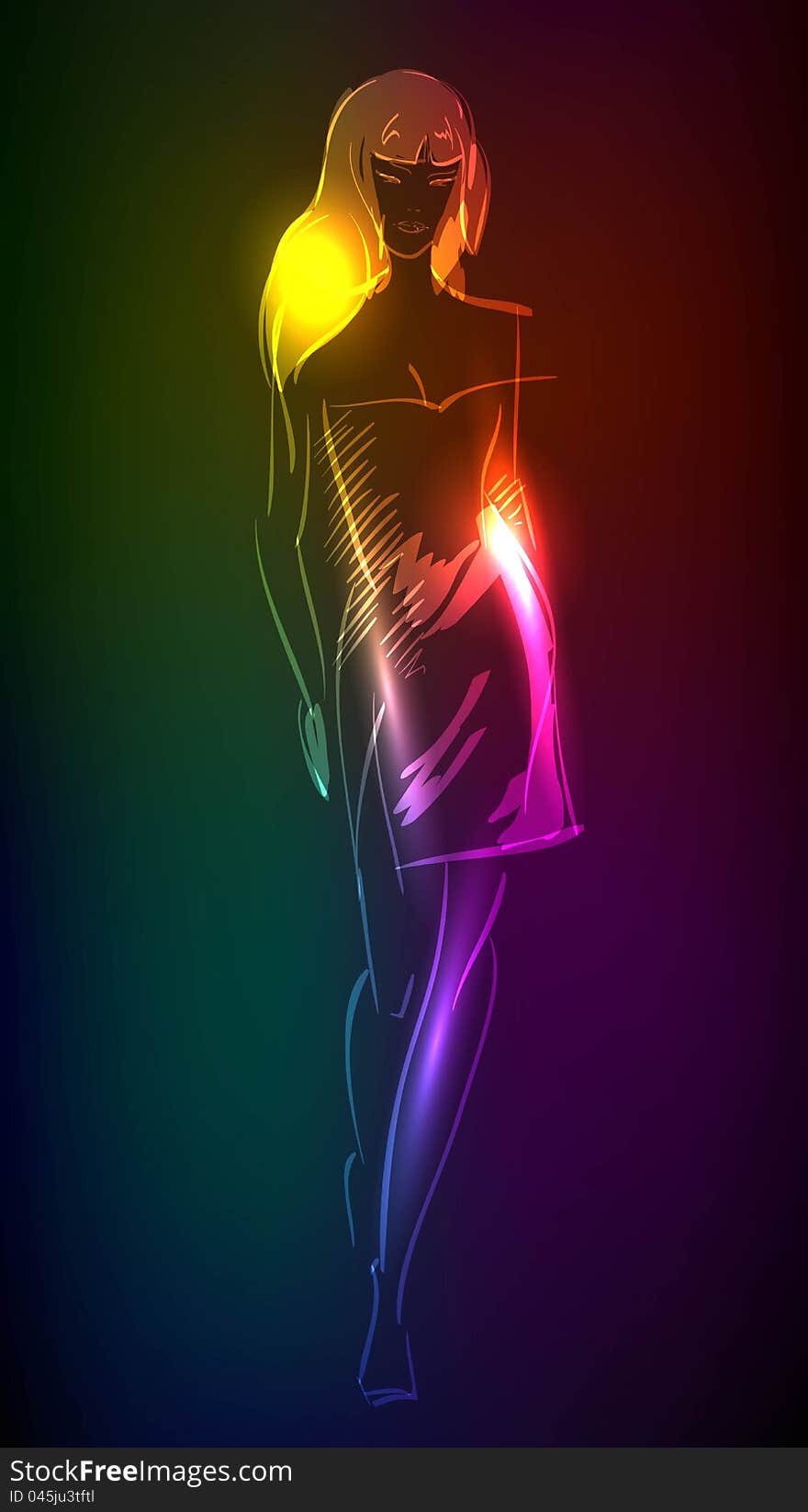 Hand-drawn fashion model from a neon. A light girl's. Hand-drawn fashion model from a neon. A light girl's