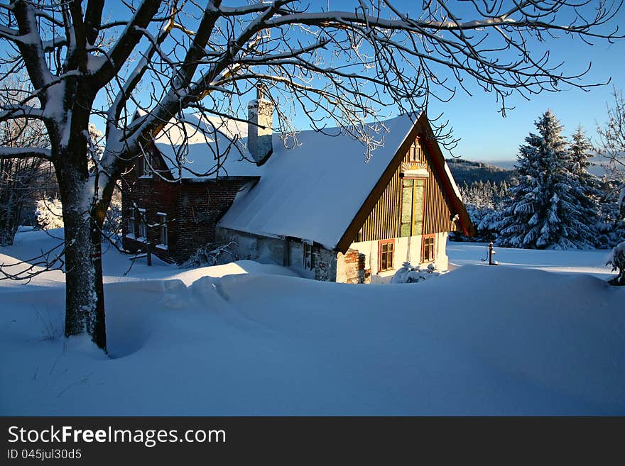 No cottage Czech countryside, snow-covered cottage near the tree, in the sunshine cottage, holiday cottage in winter cottage in the mountains. No cottage Czech countryside, snow-covered cottage near the tree, in the sunshine cottage, holiday cottage in winter cottage in the mountains