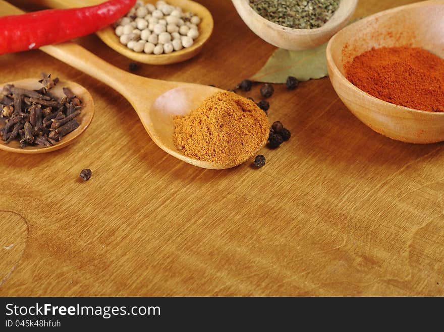 Spices in the spoons on wooden background