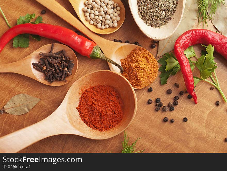 Spices in the spoons on wooden background