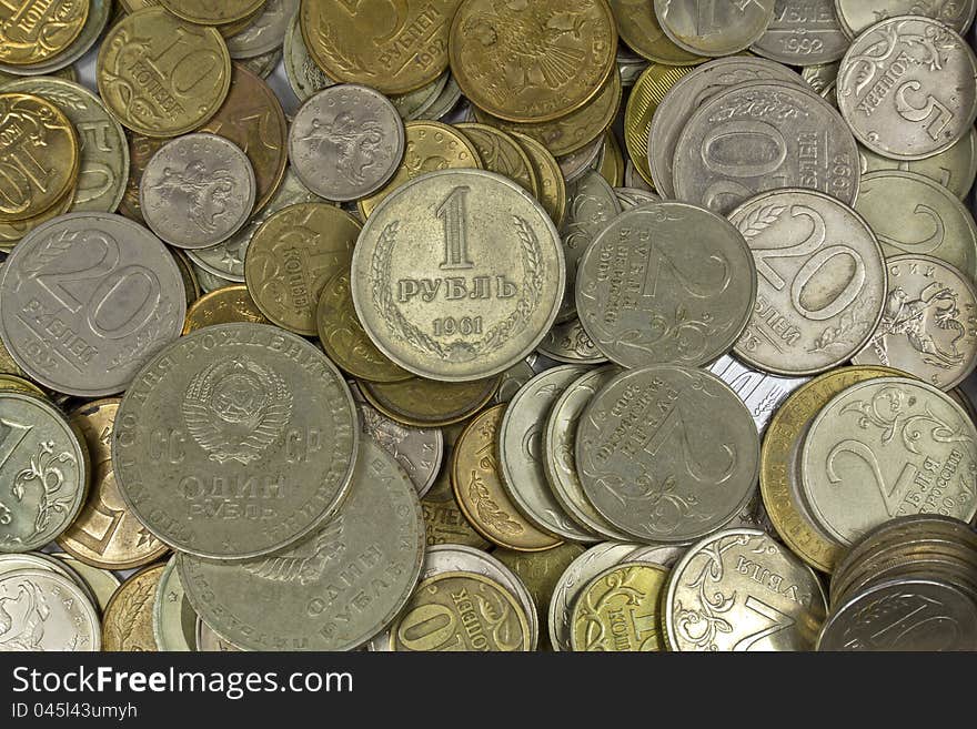 Russian and Soviet coins shot up close. Russian and Soviet coins shot up close.