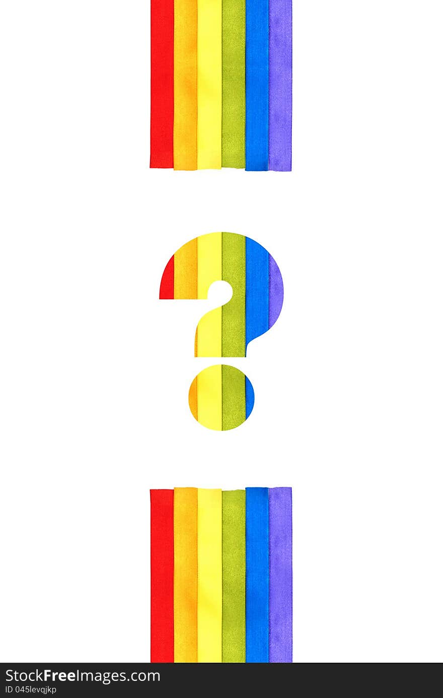 Rainbow flag background made of slim stripes with question mark