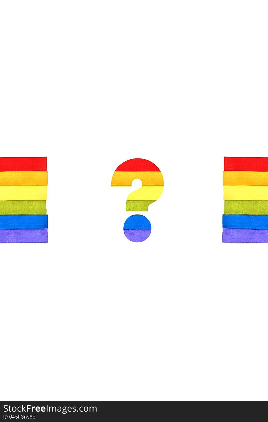 Rainbow flag background made of slim stripes with question mark