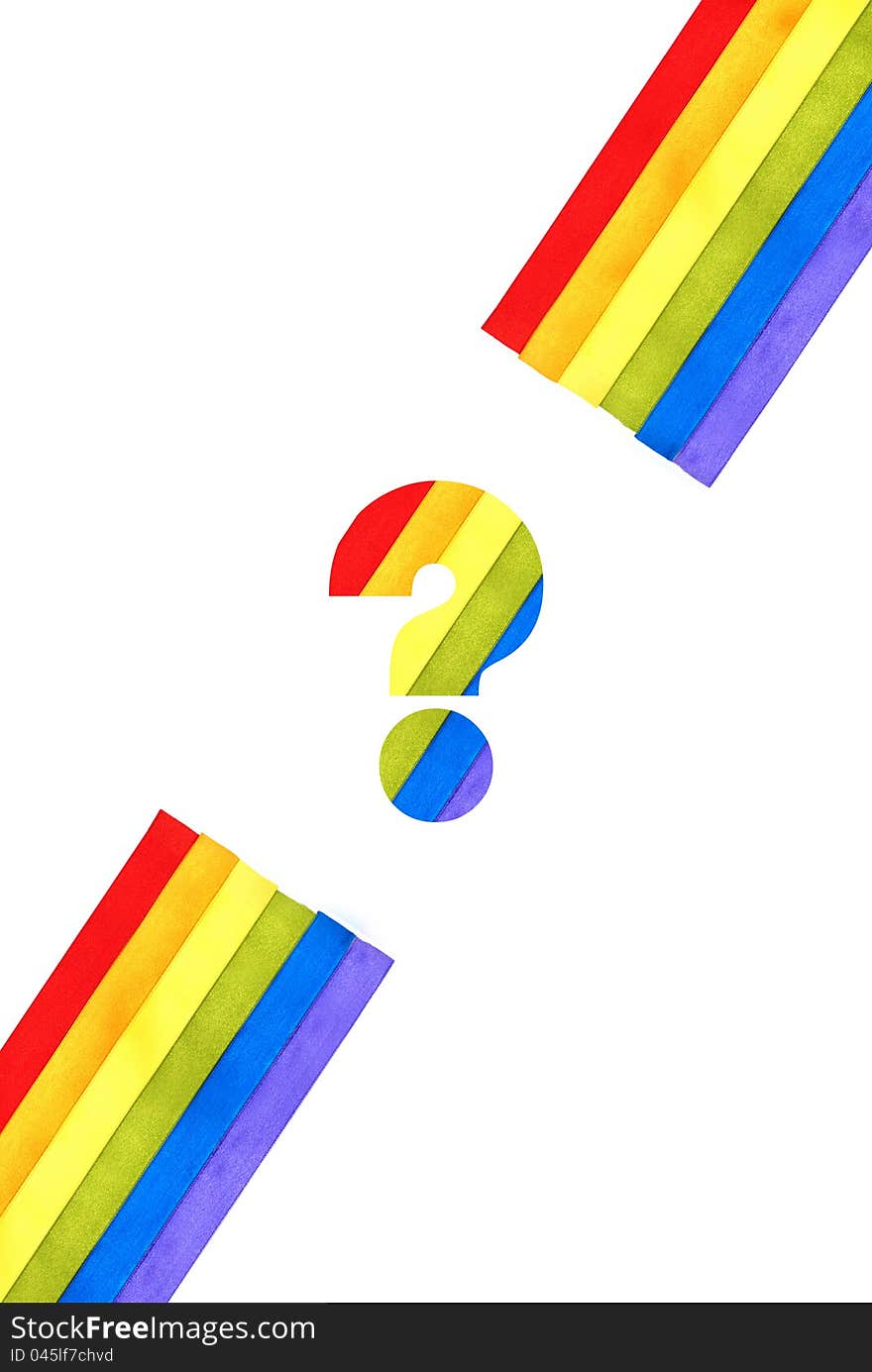 Rainbow flag background made of slim stripes with question mark