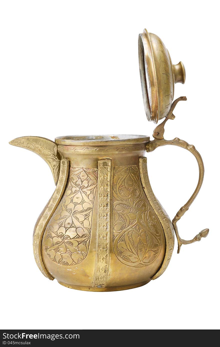 Ancient ornamental teapot, jug on white