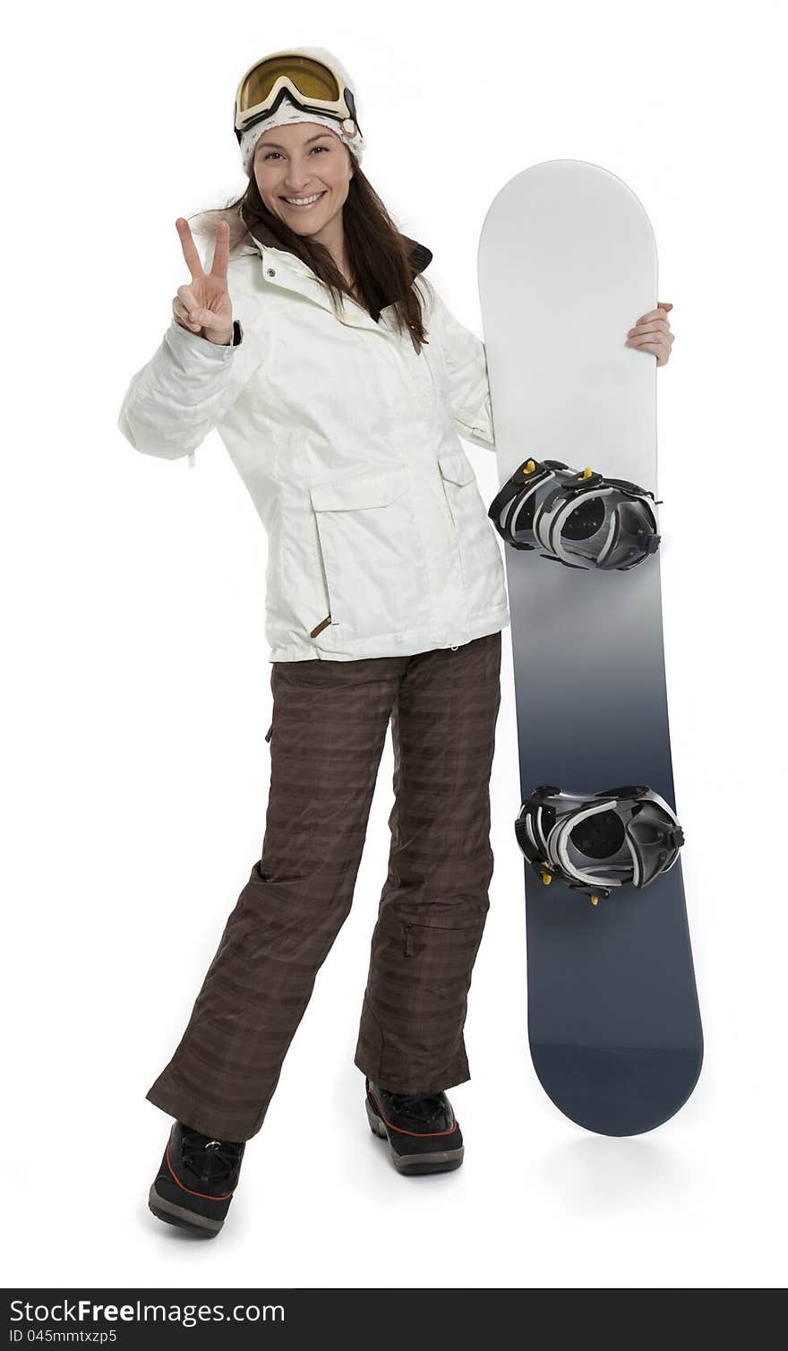 Woman Holding Snowboard on White