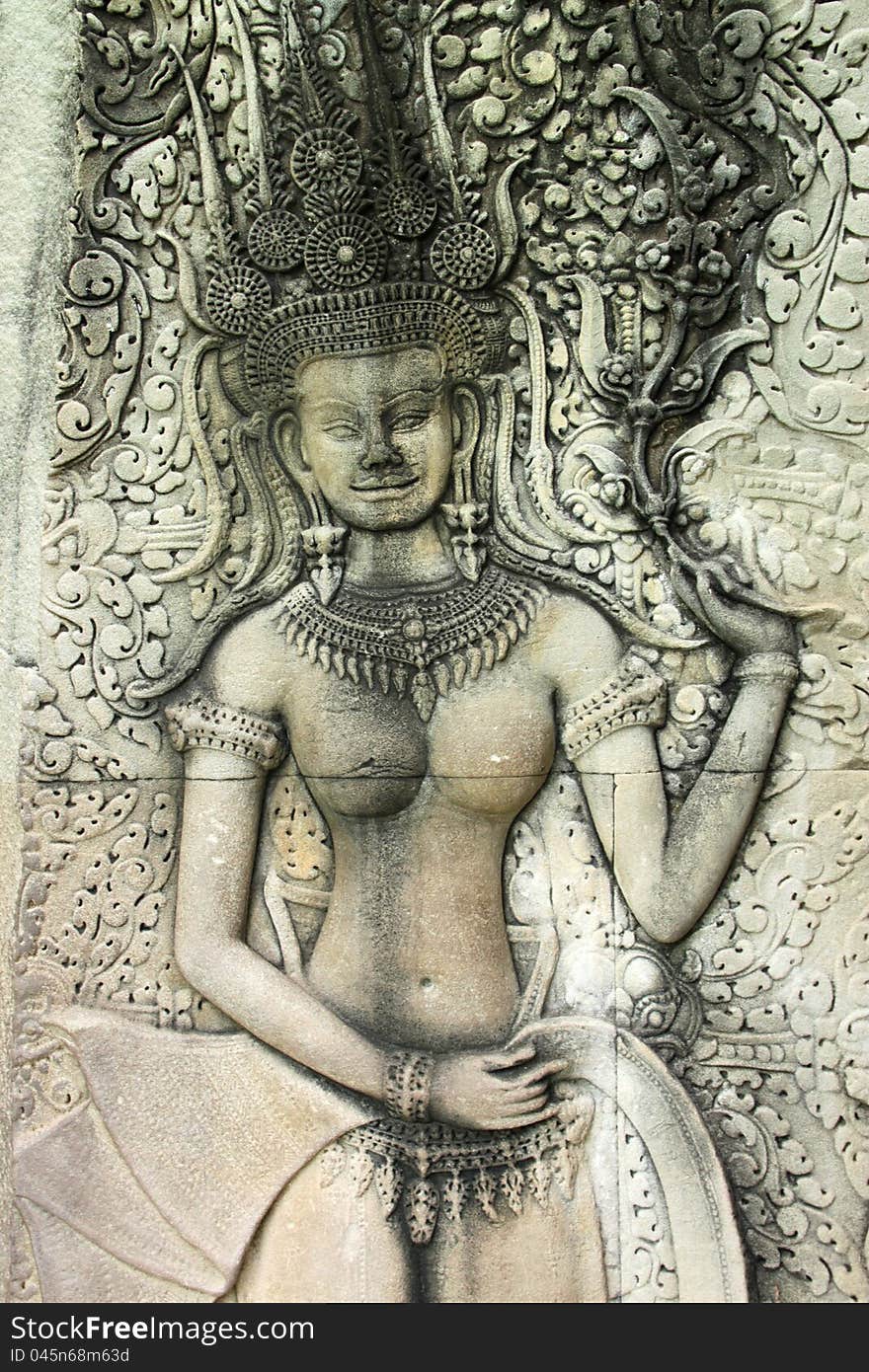 Apsara carving on wall of Angkor Wat, Siemreap, Khmer Republic