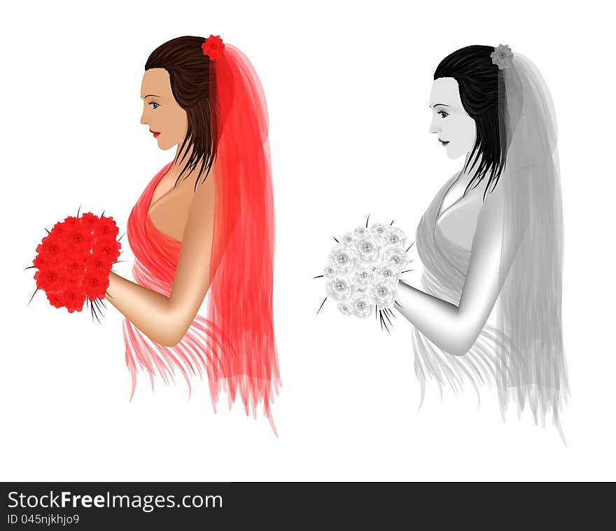 Vector illustration. The bride on a white background in colour and black-and-white variants