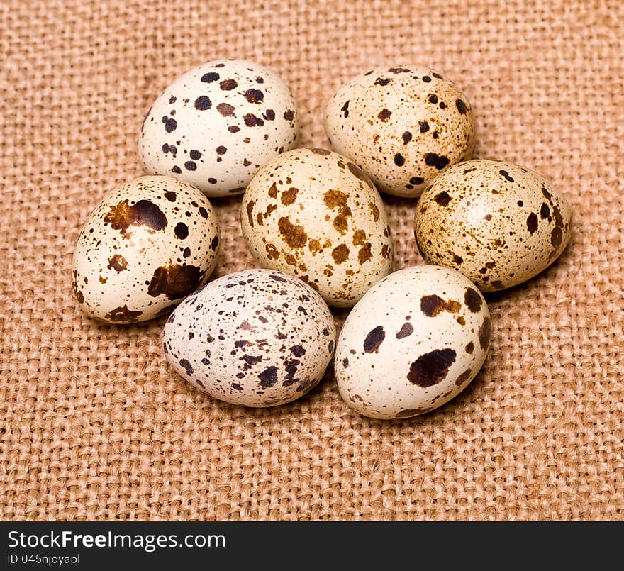 Three quail eggs on sacking background