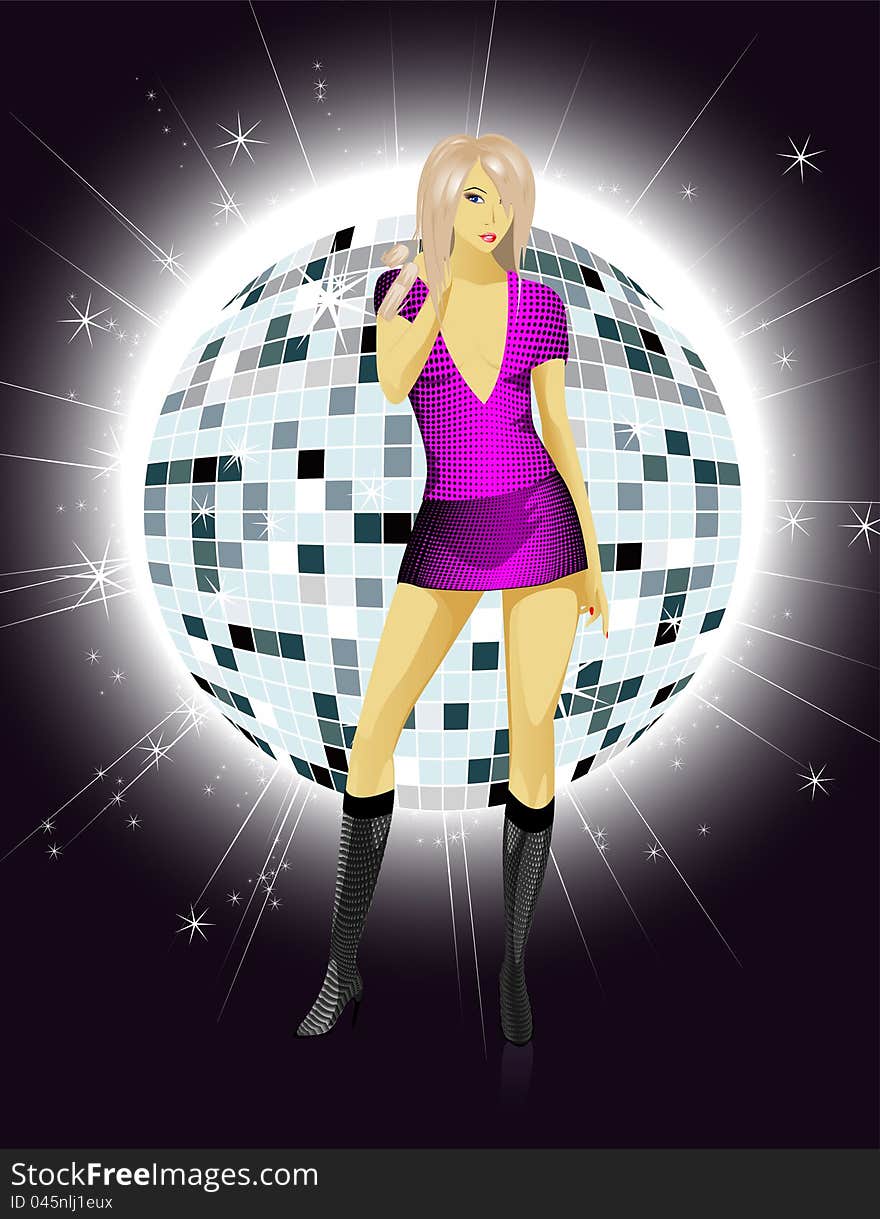 The beautiful girl in a Violet dress against a sphere disco. Party invitation template - Vector illustration.