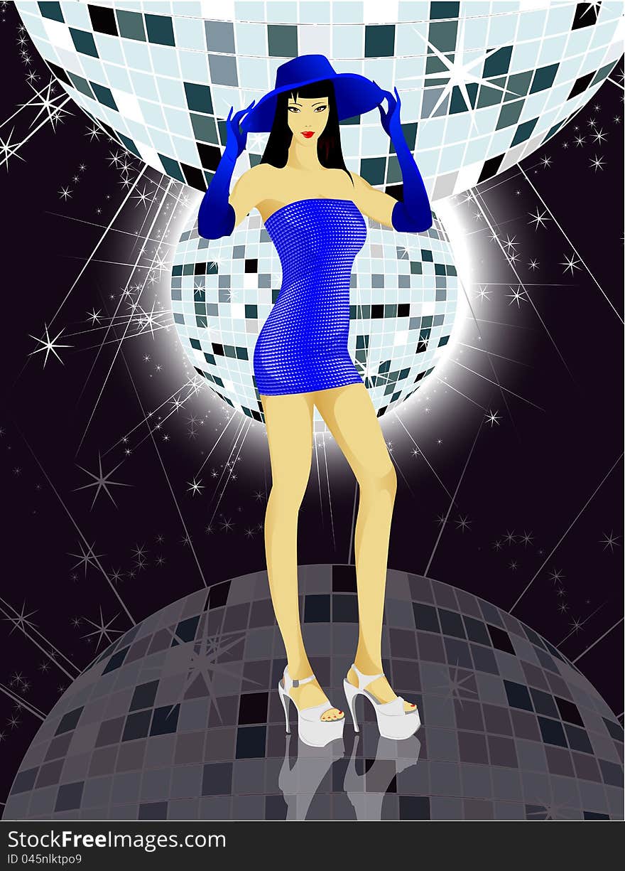 The beautiful girl in a Violet dress against a sphere disco. Party invitation template - Vector illustration.