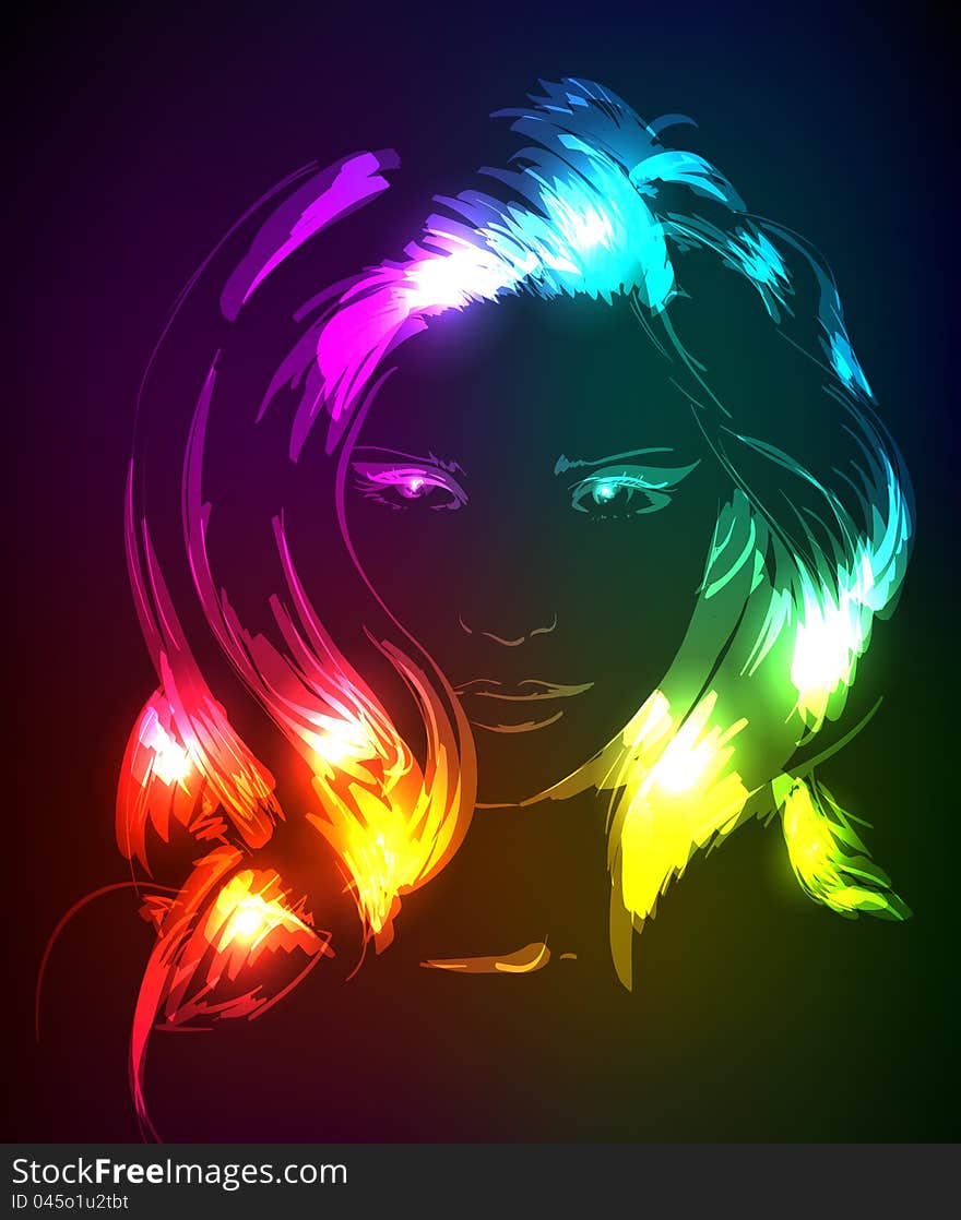 Hand-drawn fashion model from a neon. Vector illustration. A light girl's face. Hand-drawn fashion model from a neon. Vector illustration. A light girl's face.