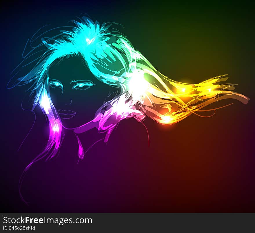 Hand-drawn fashion model from a neon. Vector illustration. A light girl's face. Hand-drawn fashion model from a neon. Vector illustration. A light girl's face.