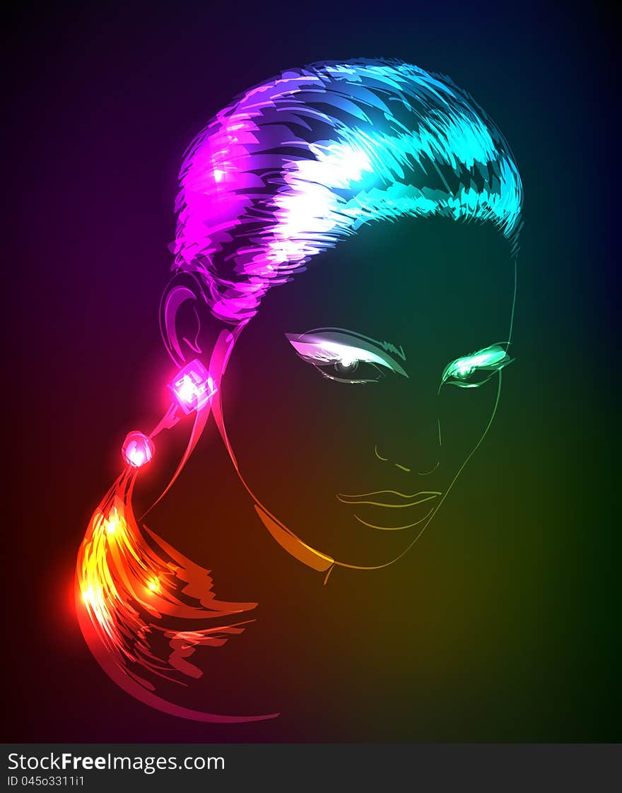 Hand-drawn fashion model from a neon. Vector illustration. A light girl's face. Hand-drawn fashion model from a neon. Vector illustration. A light girl's face.