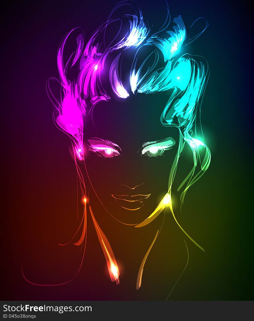 Hand-drawn fashion model from a neon. Vector illustration. A light girl's face. Hand-drawn fashion model from a neon. Vector illustration. A light girl's face.