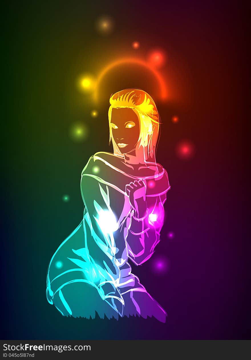 Hand-drawn fashion model from a neon. Vector illustration. A light girl's face. Hand-drawn fashion model from a neon. Vector illustration. A light girl's face.