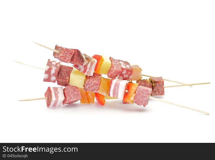 Salami Shishkabobs with red bell pepper and cheese