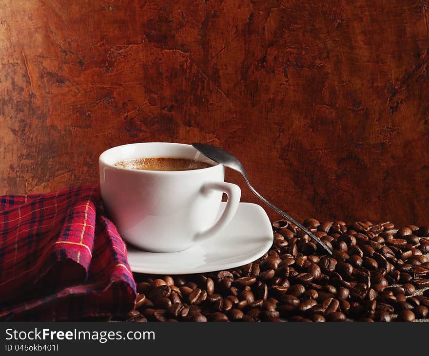 Hot coffee against a dark background