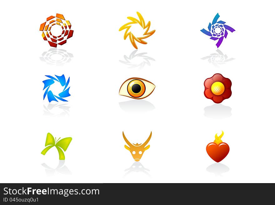 Set of abstract design elements, logos, eye, flower, spirals, butterfly, antelope and hearth