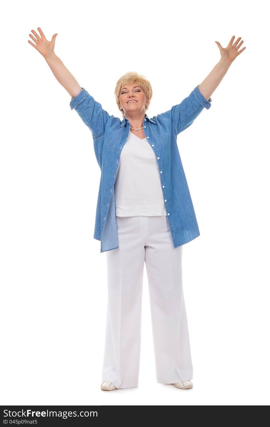 Portrait of a smiling adult woman in a blue shirt welcomes isolated against white background. Portrait of a smiling adult woman in a blue shirt welcomes isolated against white background