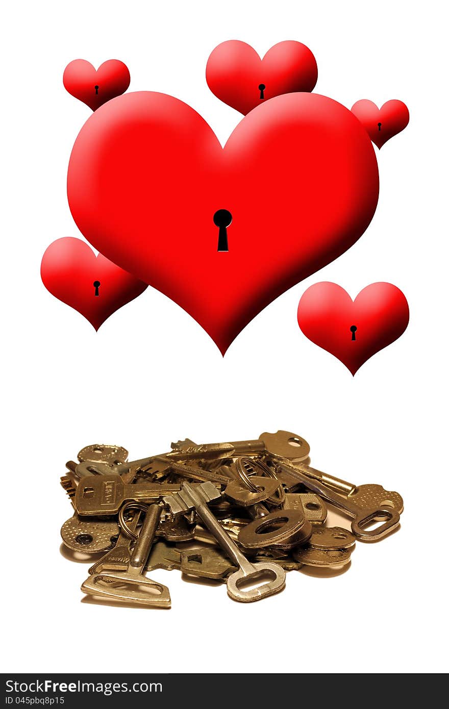 Hearts and heap of keys to them on a white background. Hearts and heap of keys to them on a white background