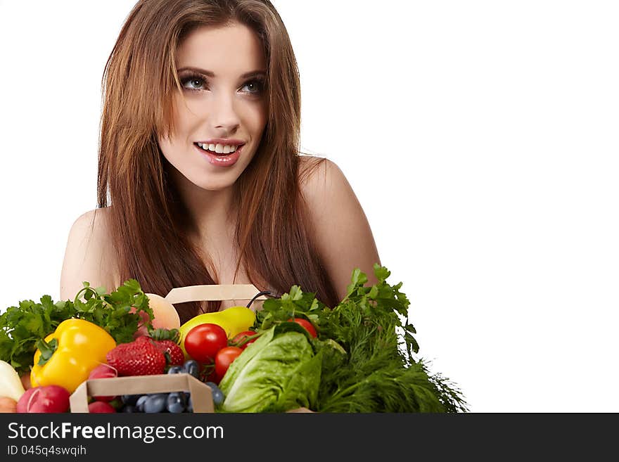 Woman holding a bag full of healthy food. shopping . Woman holding a bag full of healthy food. shopping .