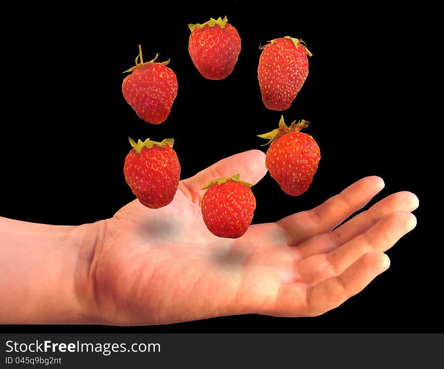 Six berries of a strawberry soaring over a palm on a black background. Six berries of a strawberry soaring over a palm on a black background