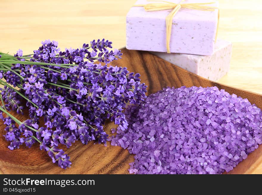 Spa and wellness resort. Lavender soap and salt with lavender flower. Spa and wellness resort. Lavender soap and salt with lavender flower.