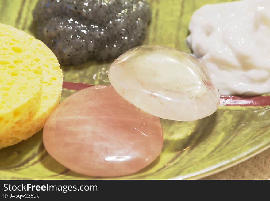 White and Pink Himalayan Stones with facial accessories. White and Pink Himalayan Stones with facial accessories